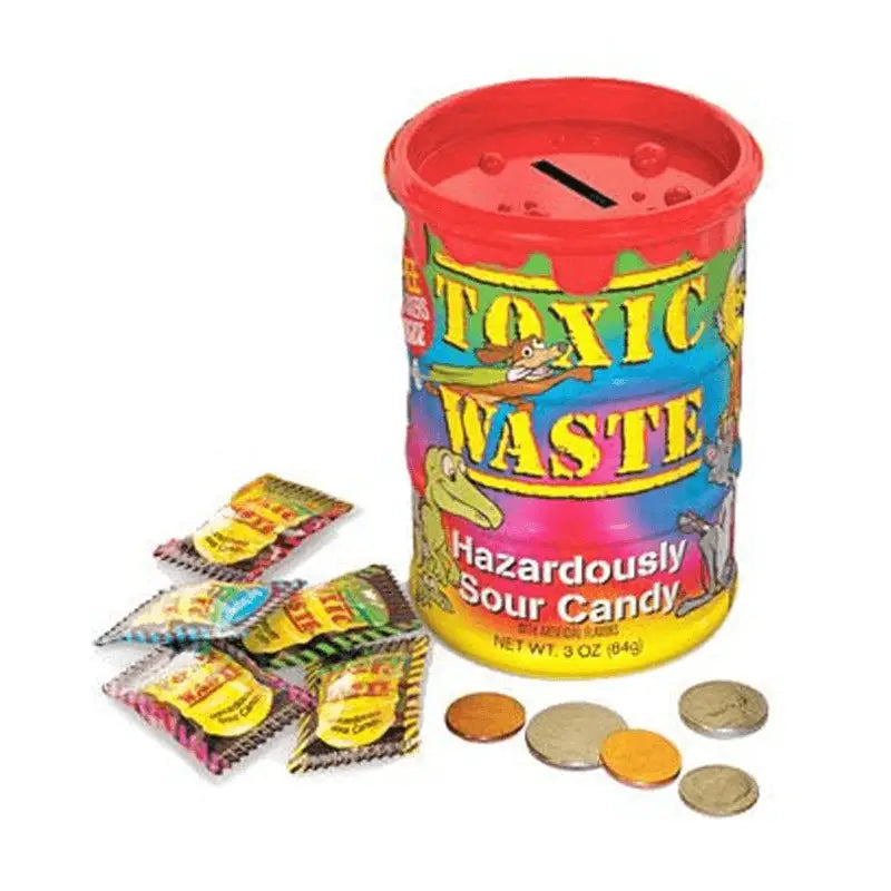 TOXIC WASTE TYE DYE MONEY BANK 84g - Sparebøsse med godteri!