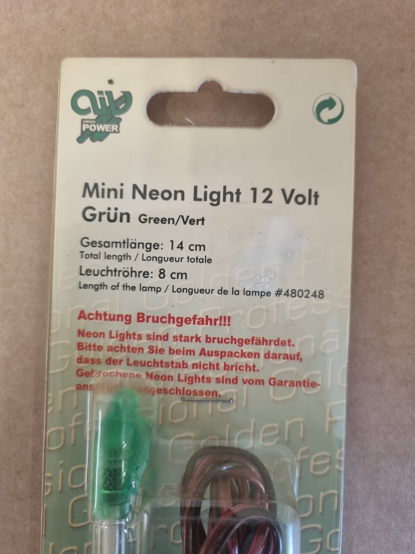 12V Mini NEON LYS 14cm Grønn (retro!)