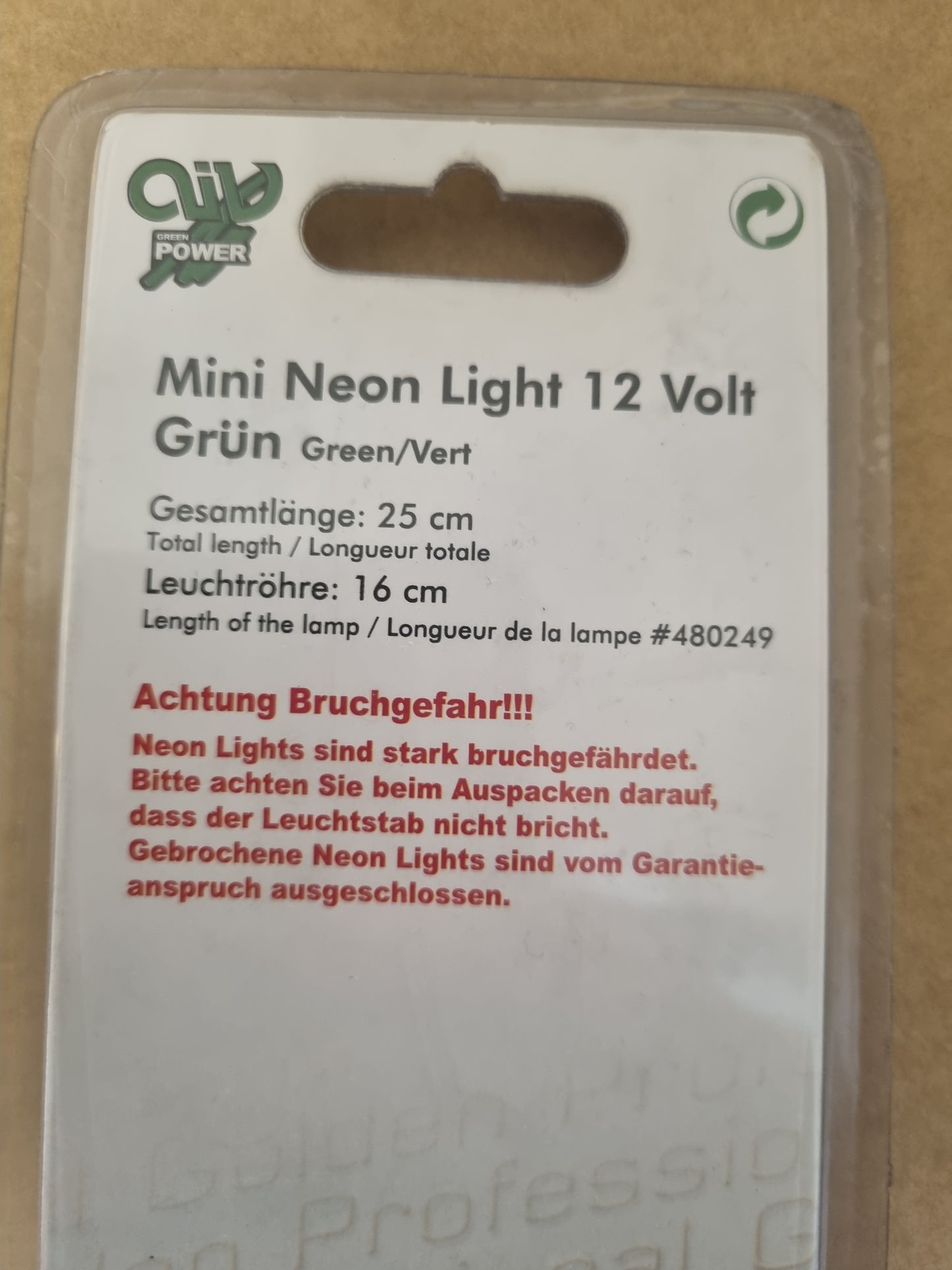 12V NEON LYS 25cm Grønn (retro!)